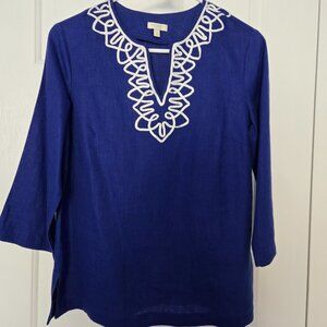 3 for $15 - NWOT Talbots Linen Royal Blue Tunic Embroided Collar  Petite M